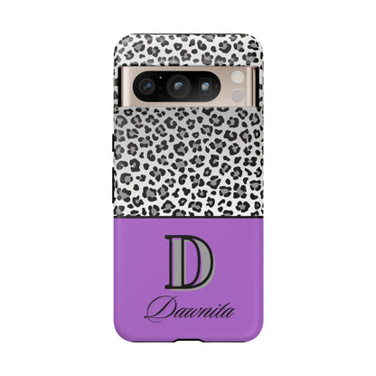 Gray Leopard Print and Purple Personalized Name Phone Case - for iPhone, Samsung, and Google Phones