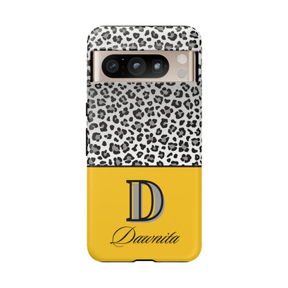 Gray Leopard Print and Yellow Personalized Name Phone Case - for iPhone, Samsung, and Google Phones