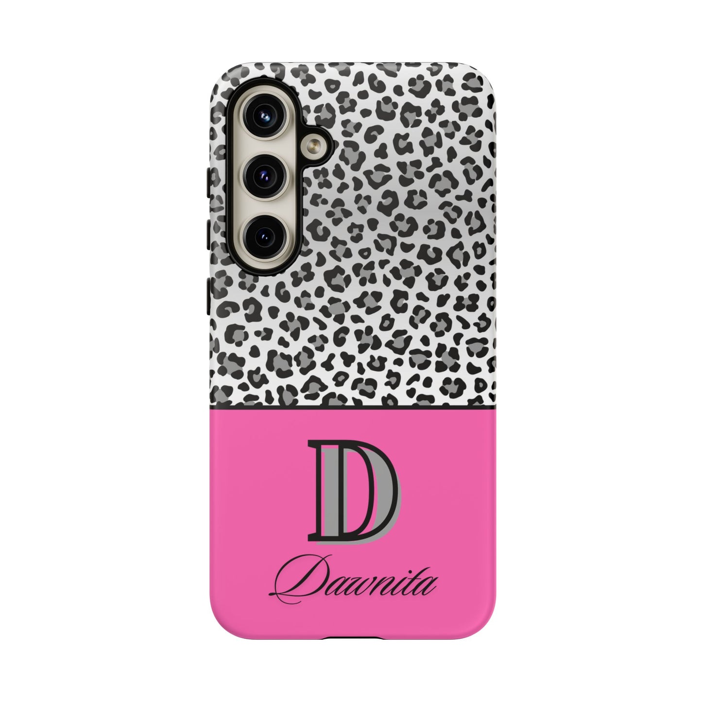 Gray Leopard Print and Pink Personalized Name Phone Case - for iPhone, Samsung, and Google Phones