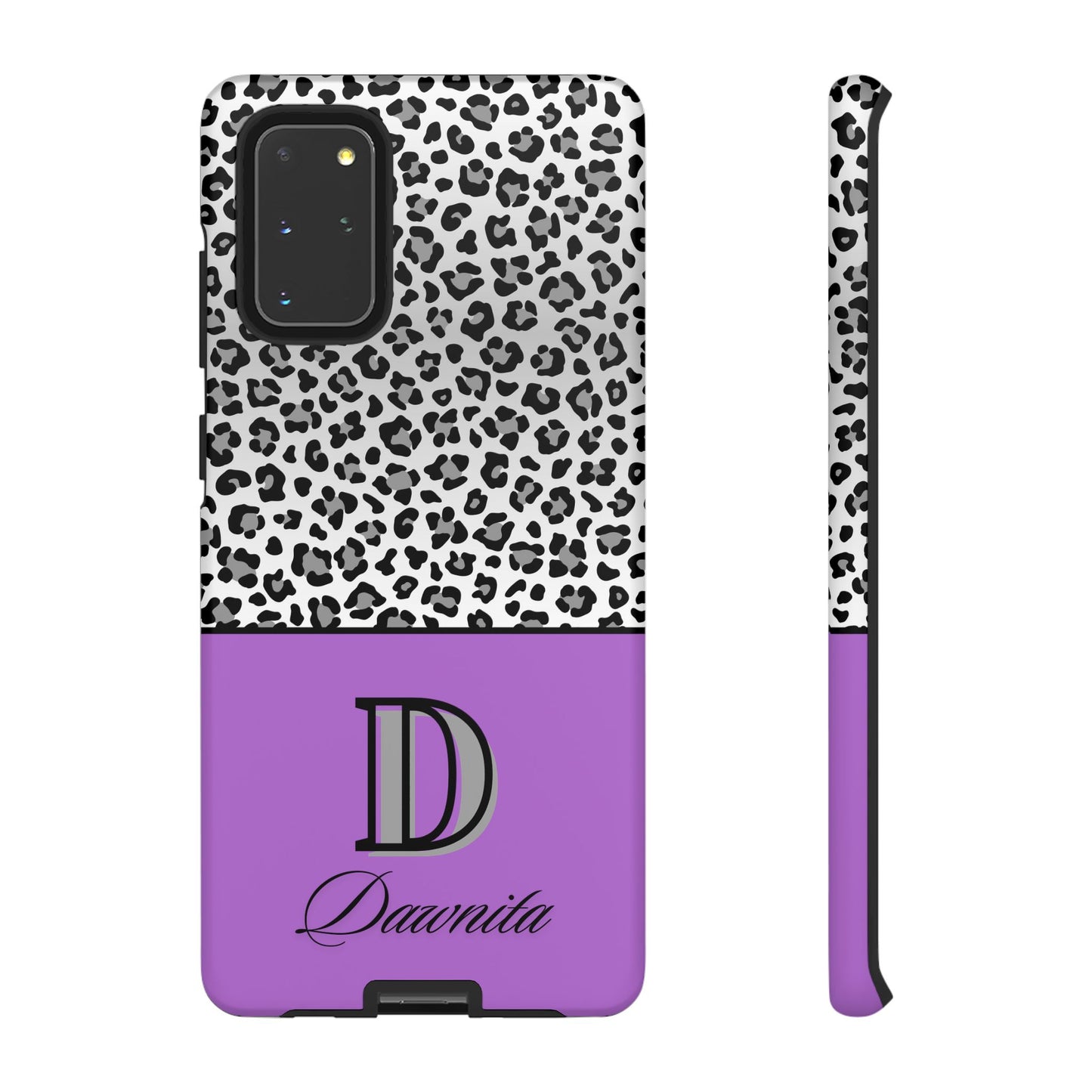 Gray Leopard Print and Purple Personalized Name Phone Case - for iPhone, Samsung, and Google Phones