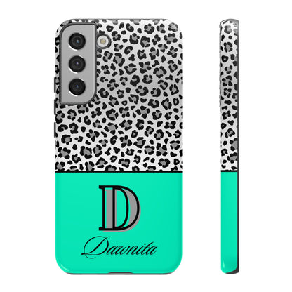 Gray Leopard Print and Teal Personalized Name Phone Case - for iPhone, Samsung, and Google Phones