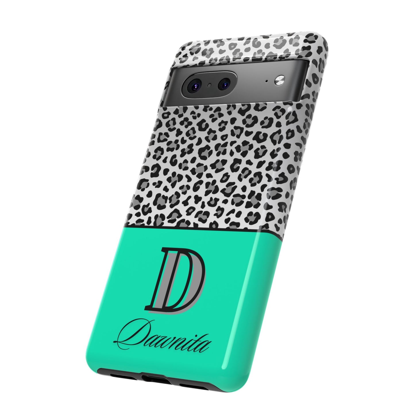 Gray Leopard Print and Teal Personalized Name Phone Case - for iPhone, Samsung, and Google Phones