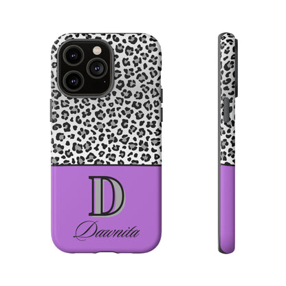 Gray Leopard Print and Purple Personalized Name Phone Case - for iPhone, Samsung, and Google Phones