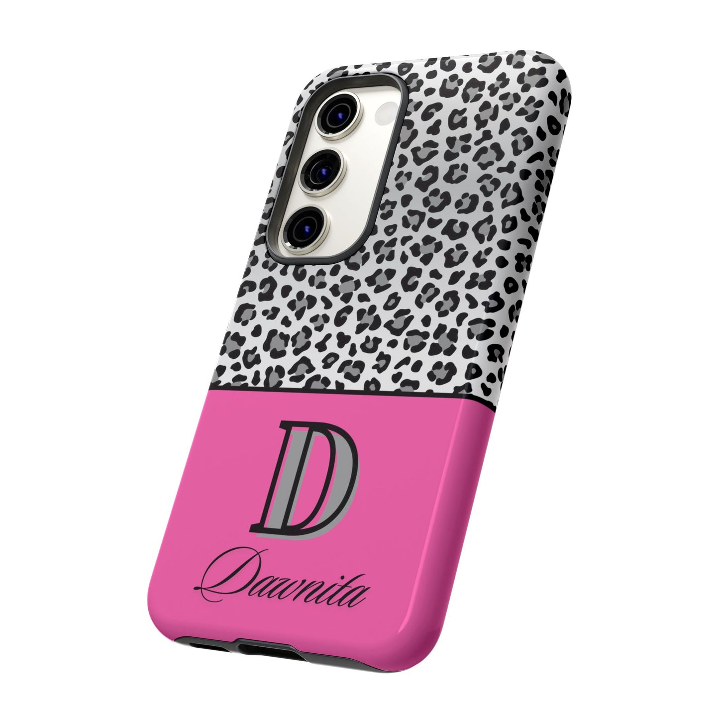 Gray Leopard Print and Pink Personalized Name Phone Case - for iPhone, Samsung, and Google Phones