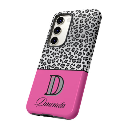 Gray Leopard Print and Pink Personalized Name Phone Case - for iPhone, Samsung, and Google Phones