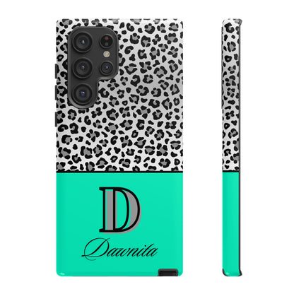 Gray Leopard Print and Teal Personalized Name Phone Case - for iPhone, Samsung, and Google Phones