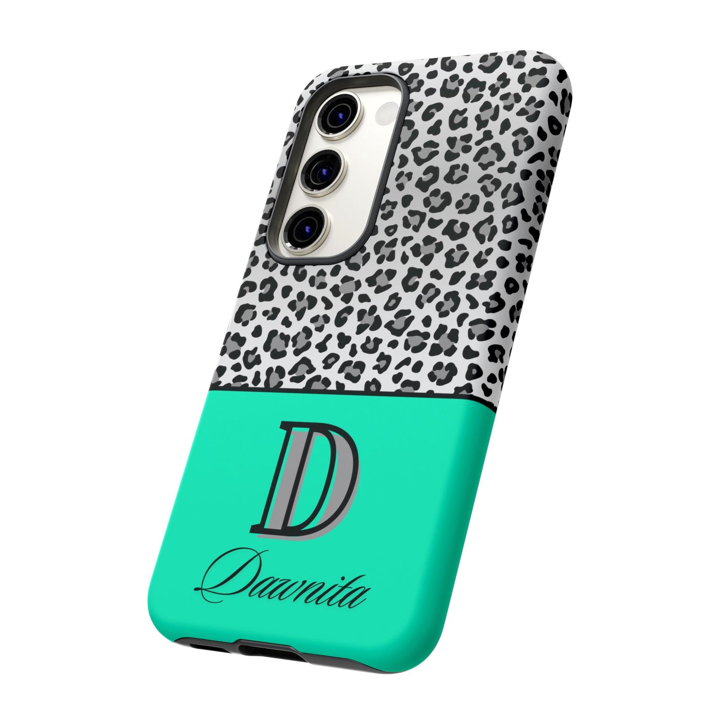 Gray Leopard Print and Teal Personalized Name Phone Case - for iPhone, Samsung, and Google Phones