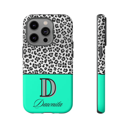 Gray Leopard Print and Teal Personalized Name Phone Case - for iPhone, Samsung, and Google Phones