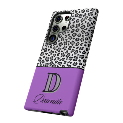 Gray Leopard Print and Purple Personalized Name Phone Case - for iPhone, Samsung, and Google Phones