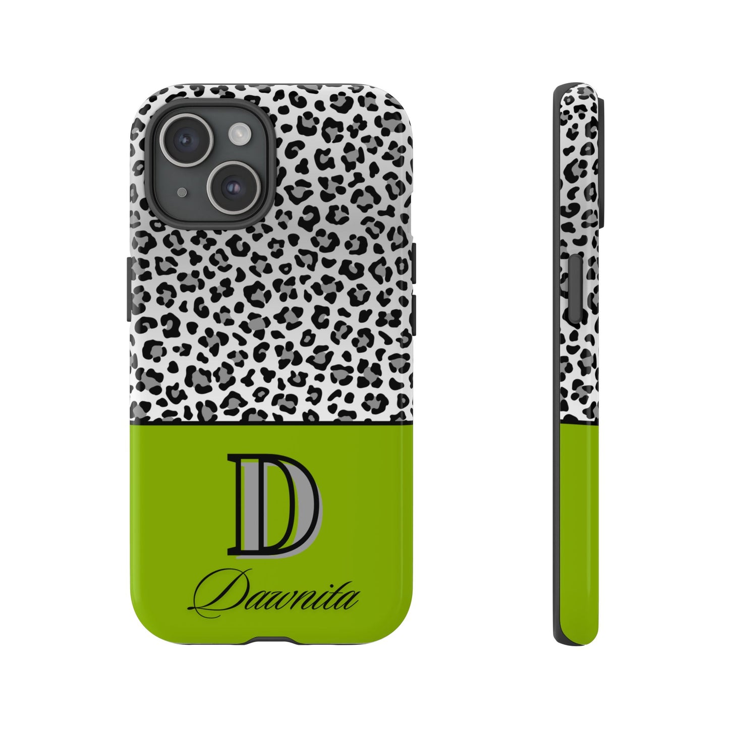 Gray Leopard Print and Green Personalized Name Phone Case - for iPhone, Samsung, and Google Phones