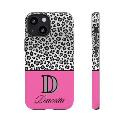 Gray Leopard Print and Pink Personalized Name Phone Case - for iPhone, Samsung, and Google Phones