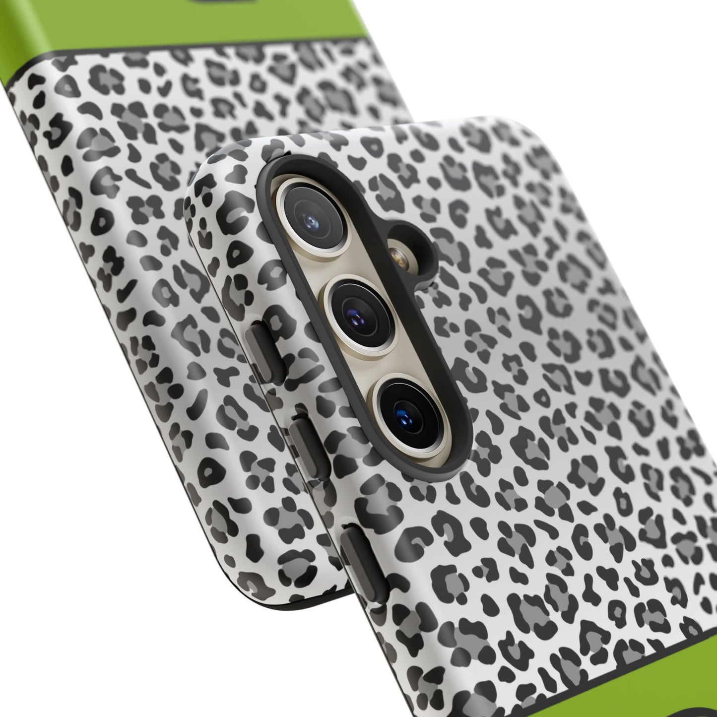 Gray Leopard Print and Green Personalized Name Phone Case - for iPhone, Samsung, and Google Phones