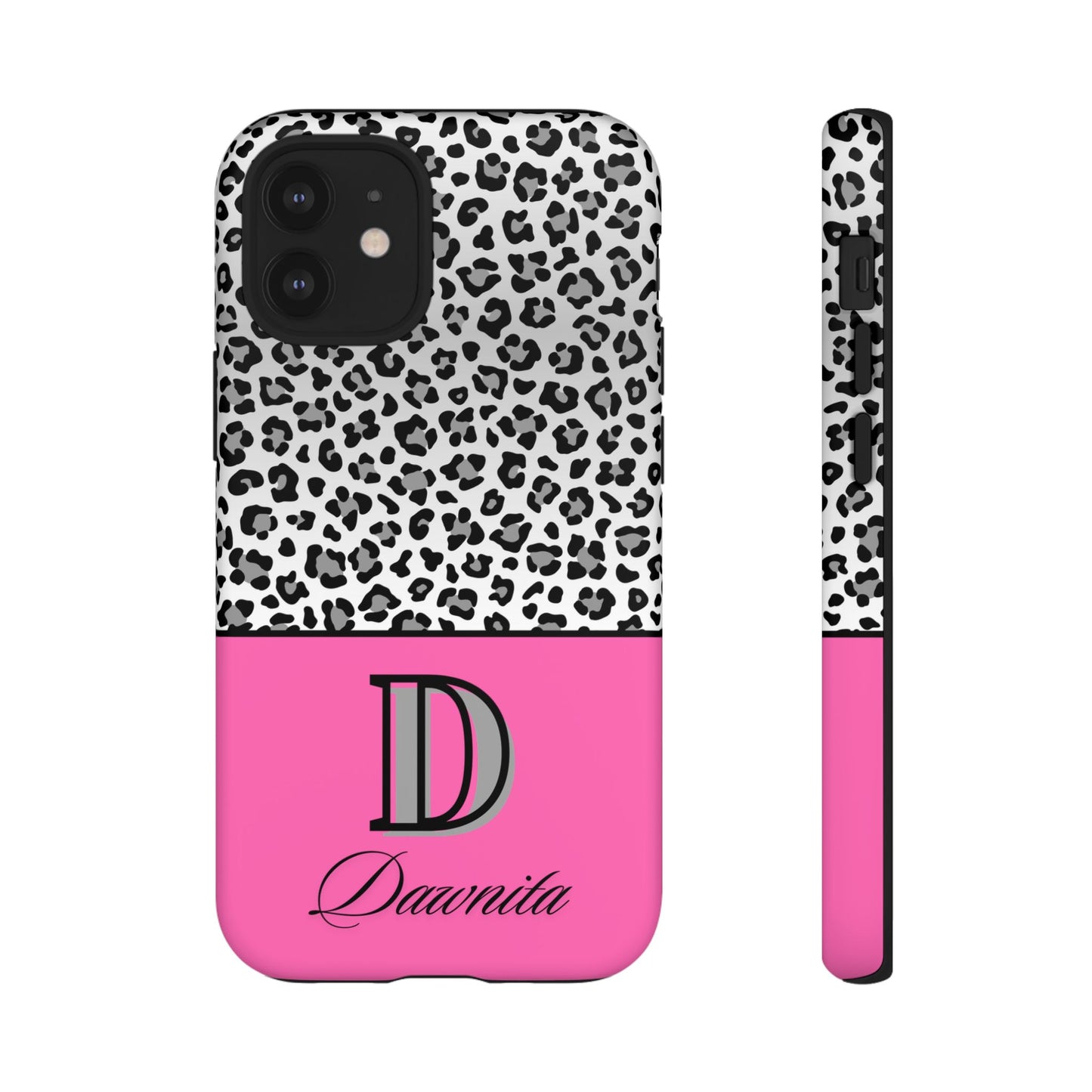 Gray Leopard Print and Pink Personalized Name Phone Case - for iPhone, Samsung, and Google Phones