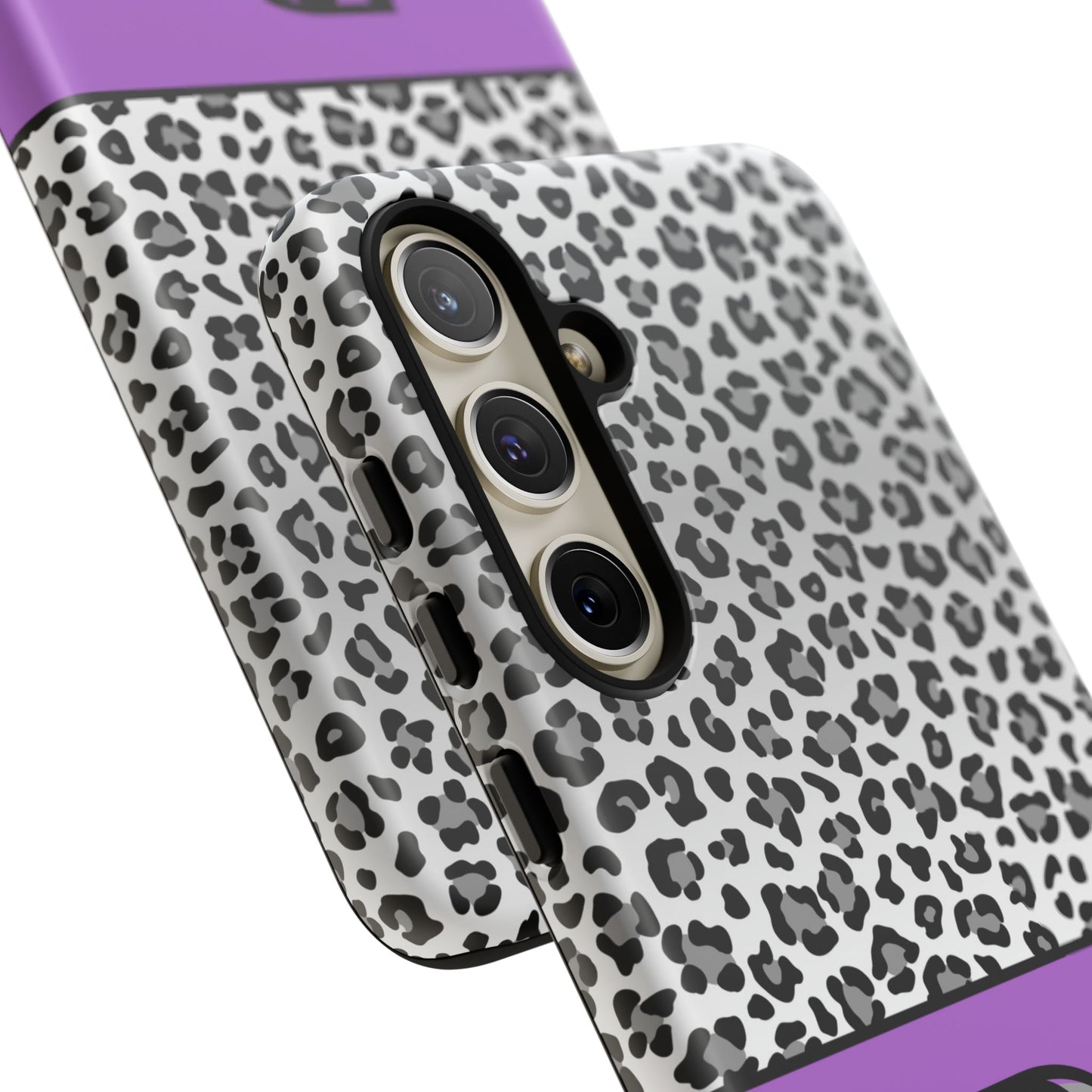 Gray Leopard Print and Purple Personalized Name Phone Case - for iPhone, Samsung, and Google Phones