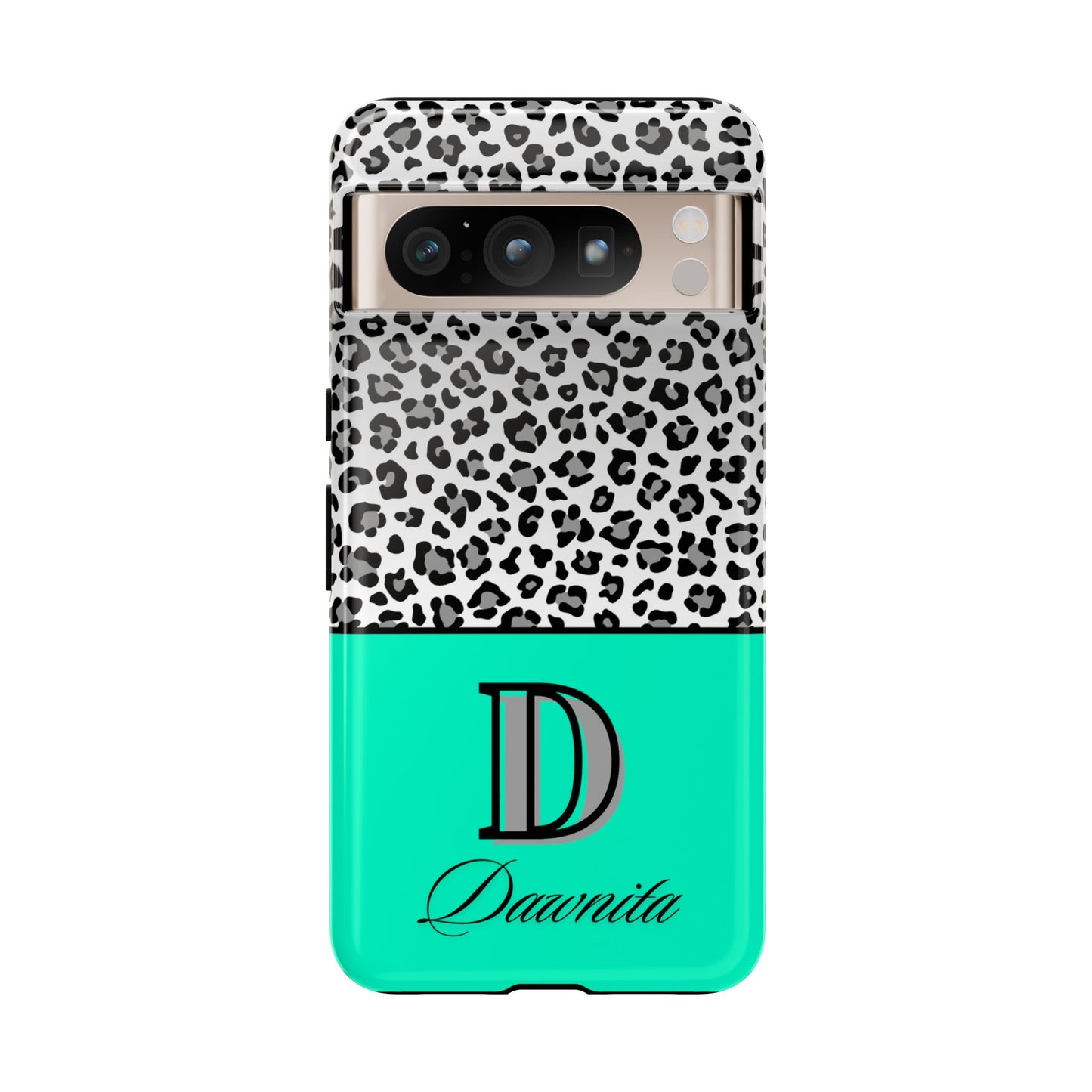 Gray Leopard Print and Teal Personalized Name Phone Case - for iPhone, Samsung, and Google Phones