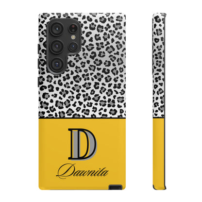 Gray Leopard Print and Yellow Personalized Name Phone Case - for iPhone, Samsung, and Google Phones