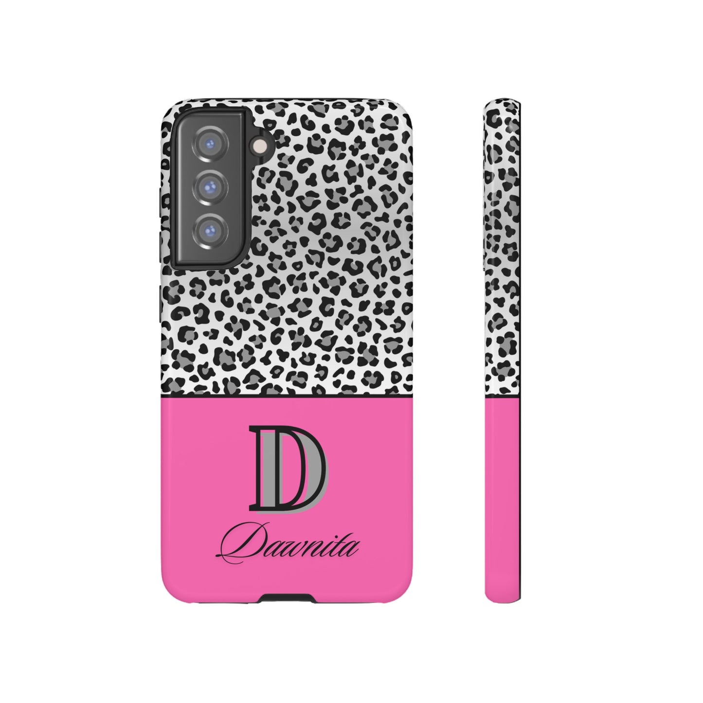 Gray Leopard Print and Pink Personalized Name Phone Case - for iPhone, Samsung, and Google Phones