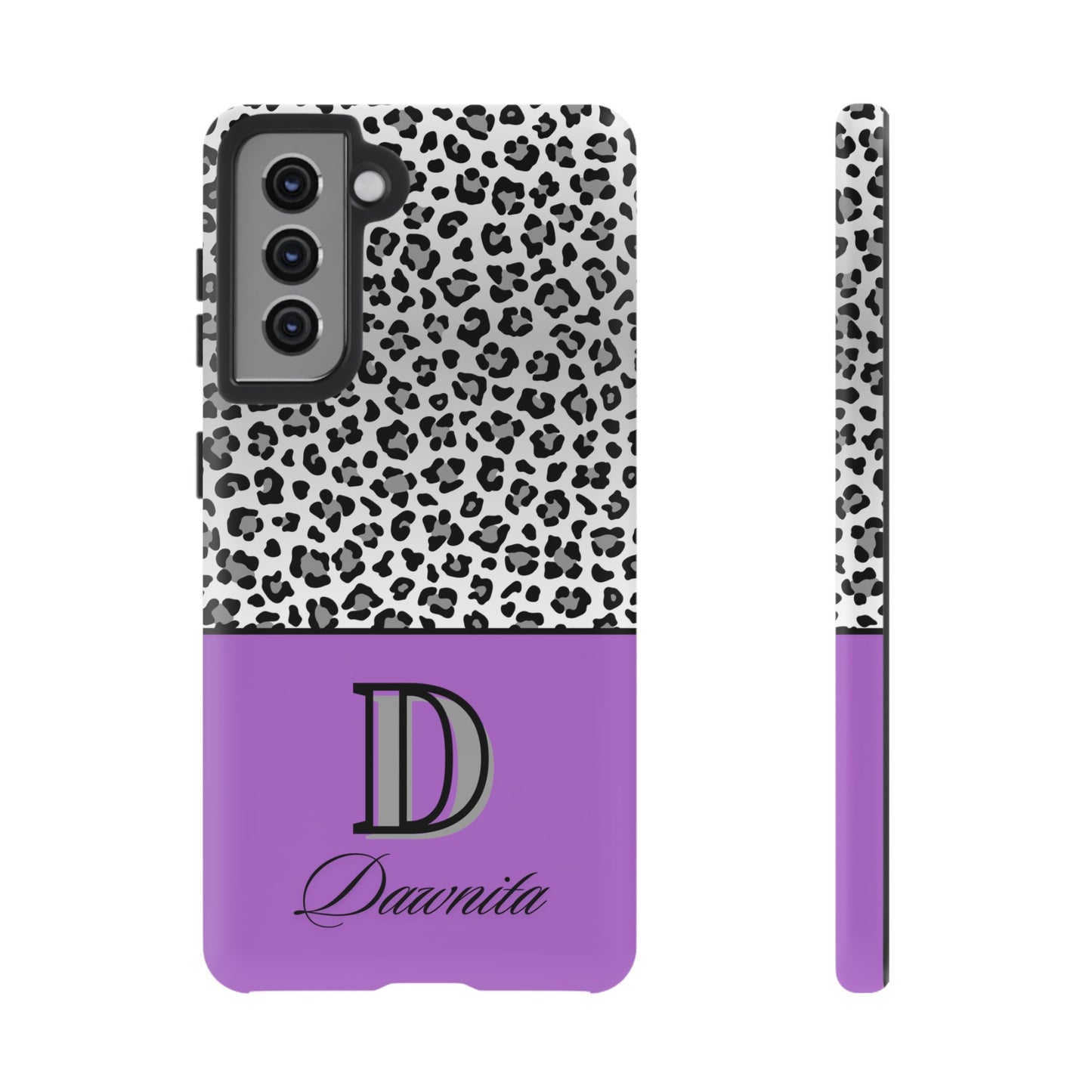 Gray Leopard Print and Purple Personalized Name Phone Case - for iPhone, Samsung, and Google Phones