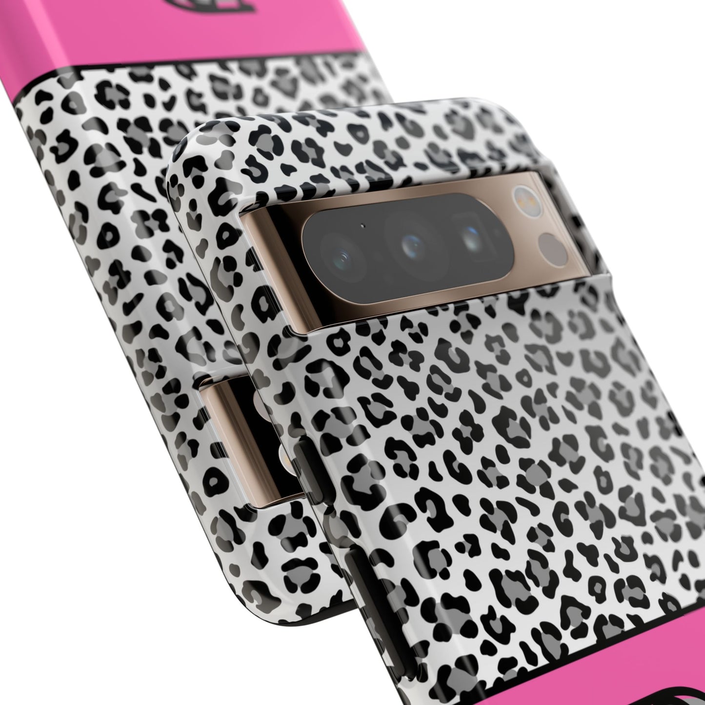 Gray Leopard Print and Pink Personalized Name Phone Case - for iPhone, Samsung, and Google Phones