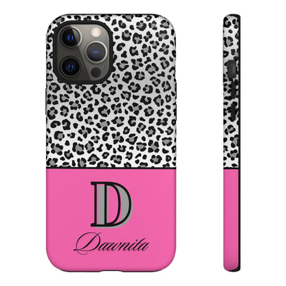 Gray Leopard Print and Pink Personalized Name Phone Case - for iPhone, Samsung, and Google Phones