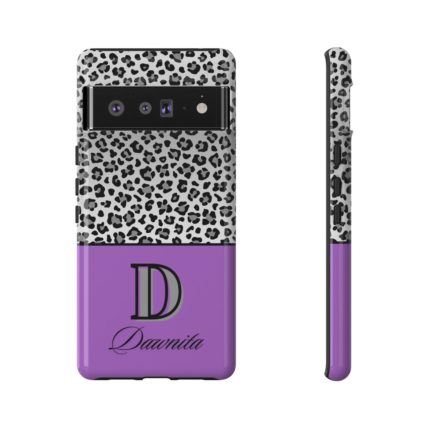 Gray Leopard Print and Purple Personalized Name Phone Case - for iPhone, Samsung, and Google Phones