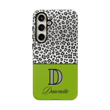 Gray Leopard Print and Green Personalized Name Phone Case - for iPhone, Samsung, and Google Phones