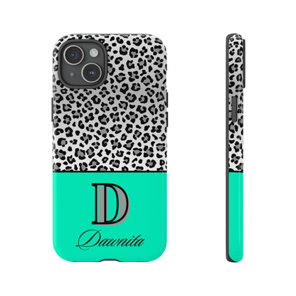 Gray Leopard Print and Teal Personalized Name Phone Case - for iPhone, Samsung, and Google Phones