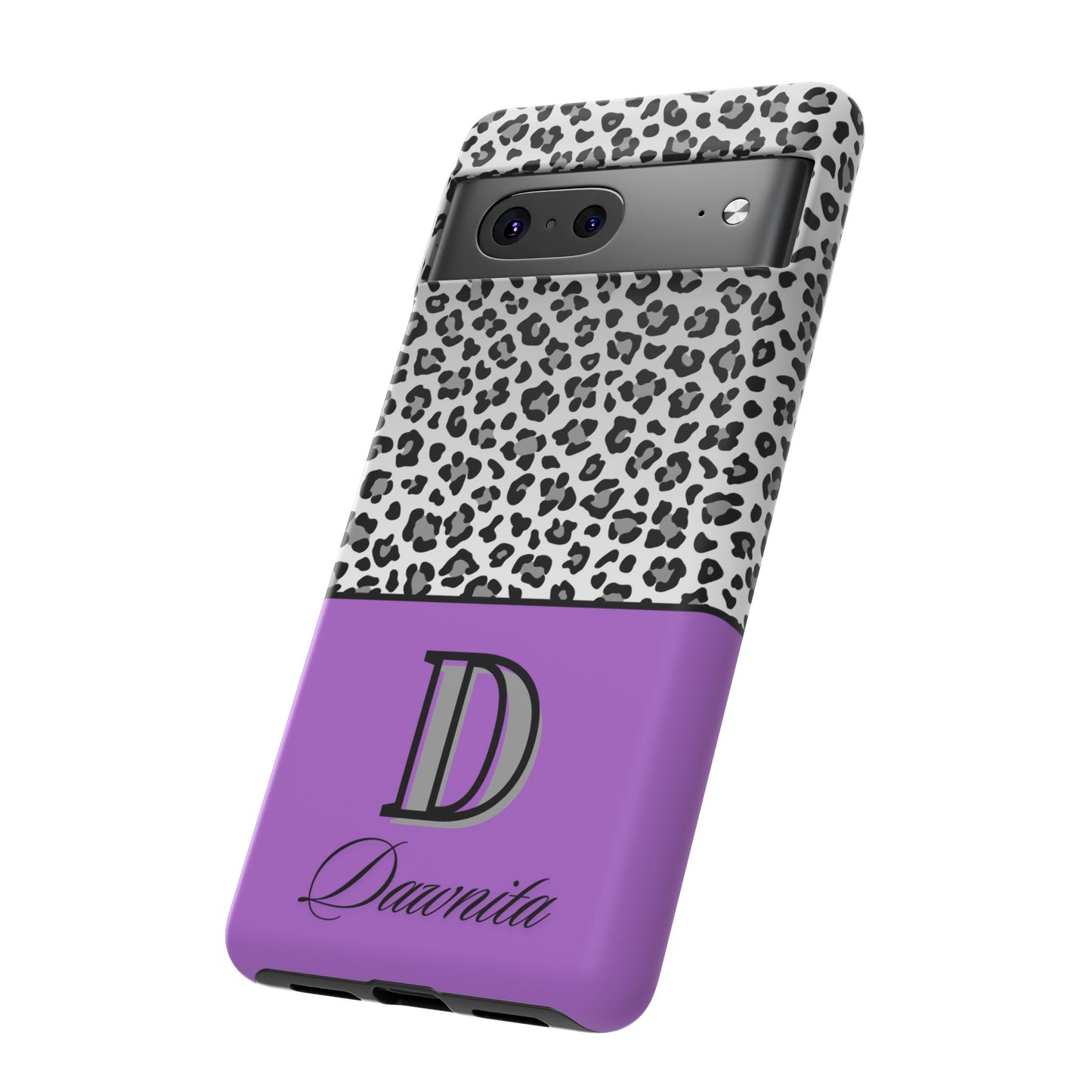 Gray Leopard Print and Purple Personalized Name Phone Case - for iPhone, Samsung, and Google Phones