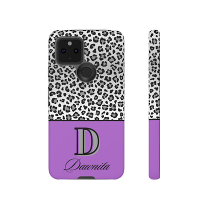 Gray Leopard Print and Purple Personalized Name Phone Case - for iPhone, Samsung, and Google Phones