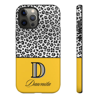 Gray Leopard Print and Yellow Personalized Name Phone Case - for iPhone, Samsung, and Google Phones