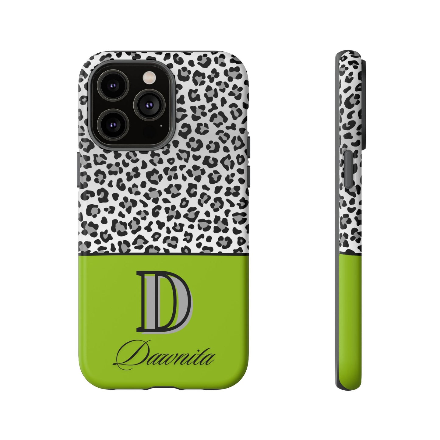 Gray Leopard Print and Green Personalized Name Phone Case - for iPhone, Samsung, and Google Phones