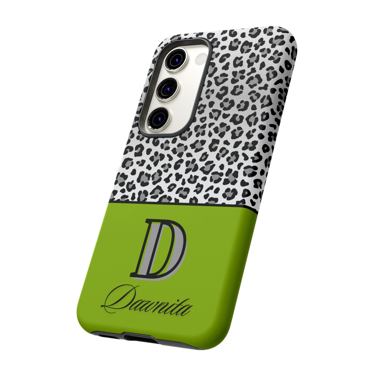 Gray Leopard Print and Green Personalized Name Phone Case - for iPhone, Samsung, and Google Phones