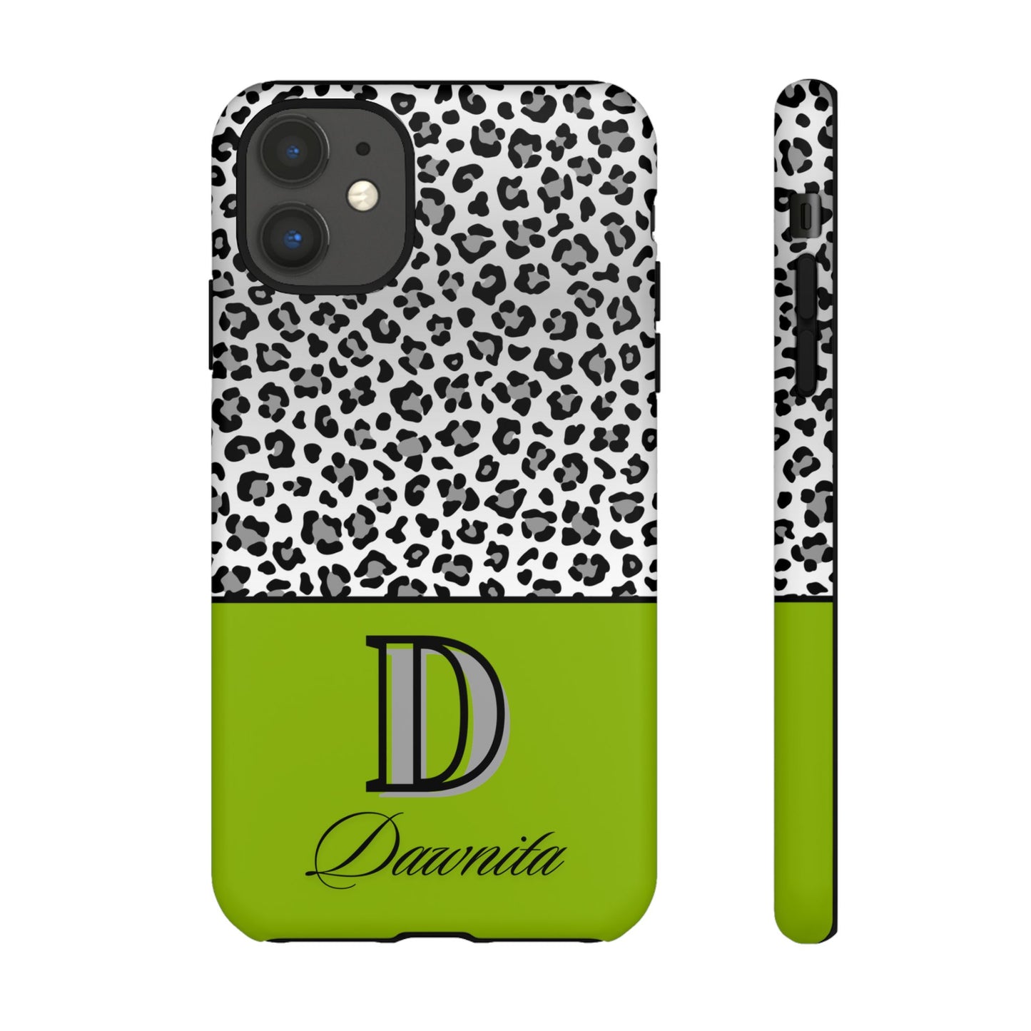 Gray Leopard Print and Green Personalized Name Phone Case - for iPhone, Samsung, and Google Phones