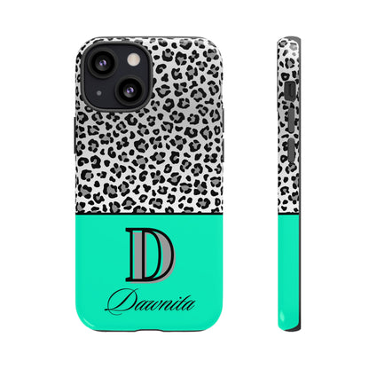 Gray Leopard Print and Teal Personalized Name Phone Case - for iPhone, Samsung, and Google Phones