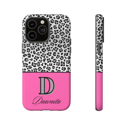 Gray Leopard Print and Pink Personalized Name Phone Case - for iPhone, Samsung, and Google Phones