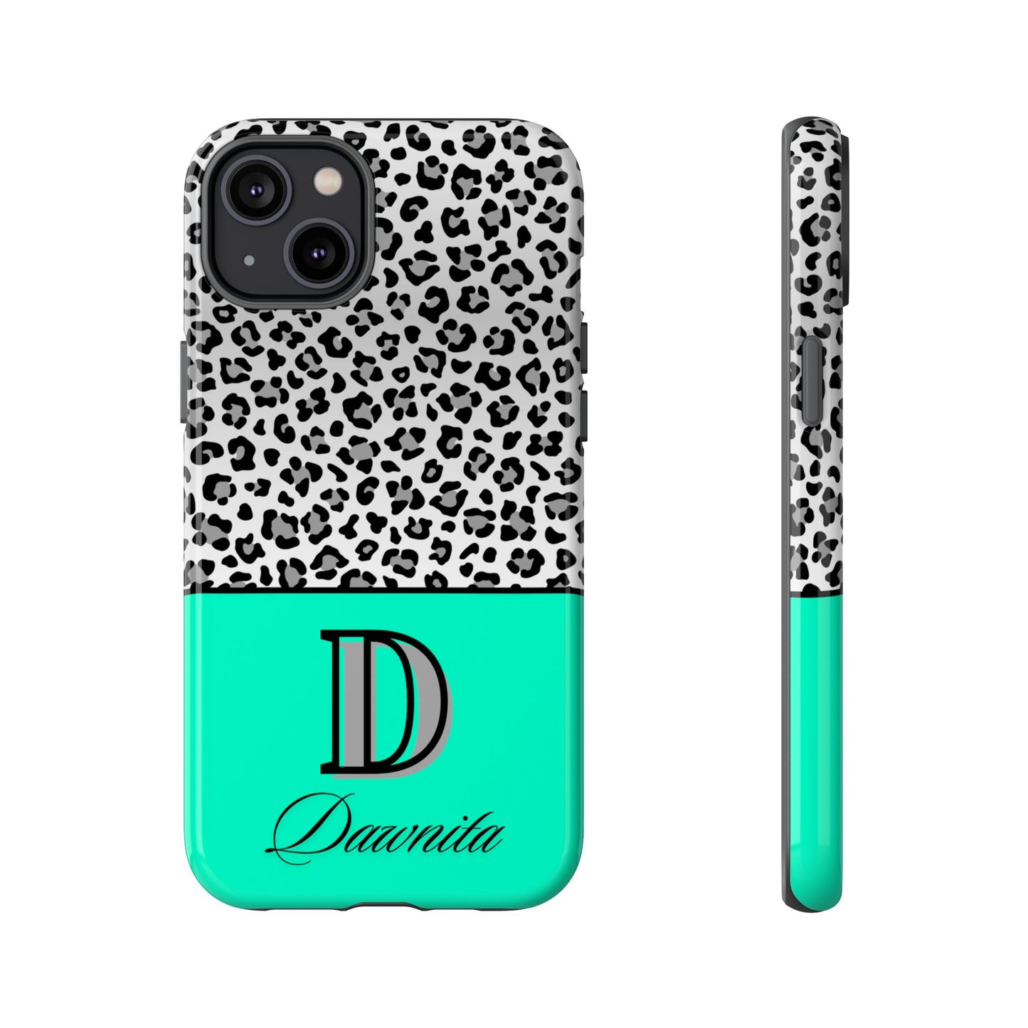 Gray Leopard Print and Teal Personalized Name Phone Case - for iPhone, Samsung, and Google Phones