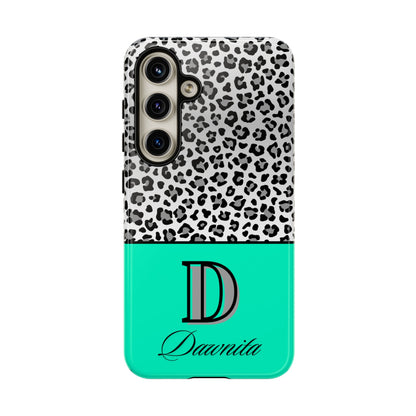 Gray Leopard Print and Teal Personalized Name Phone Case - for iPhone, Samsung, and Google Phones