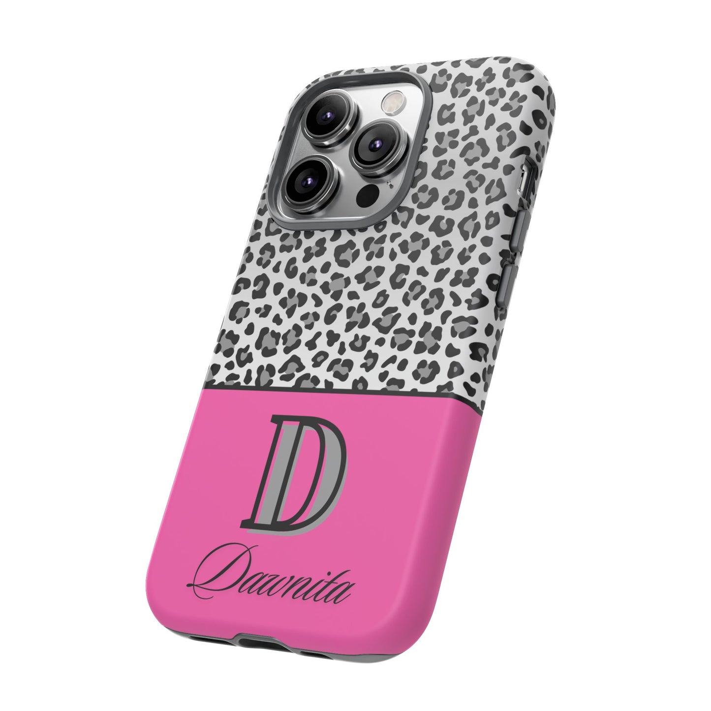 Gray Leopard Print and Pink Personalized Name Phone Case - for iPhone, Samsung, and Google Phones