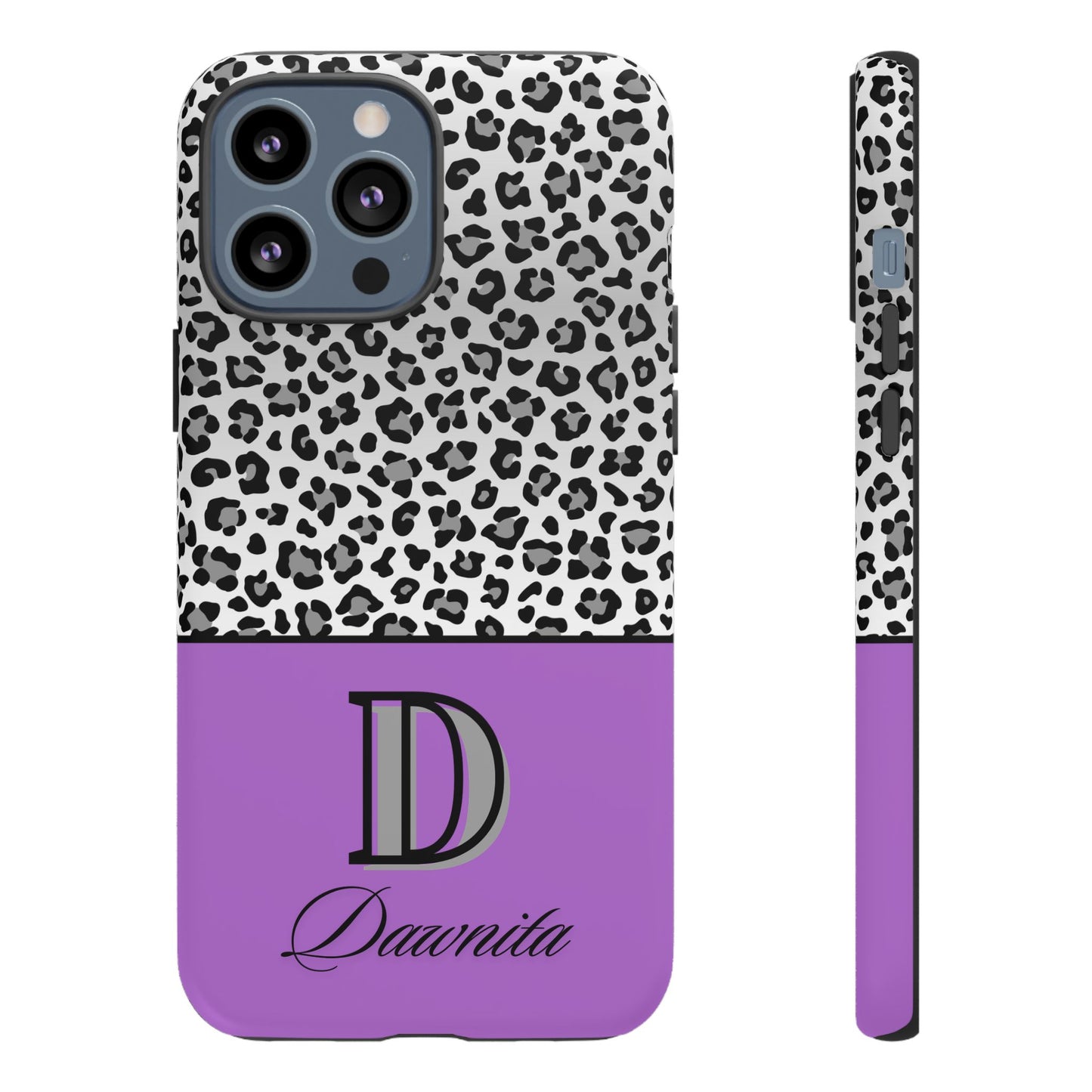 Gray Leopard Print and Purple Personalized Name Phone Case - for iPhone, Samsung, and Google Phones