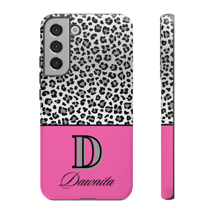 Gray Leopard Print and Pink Personalized Name Phone Case - for iPhone, Samsung, and Google Phones