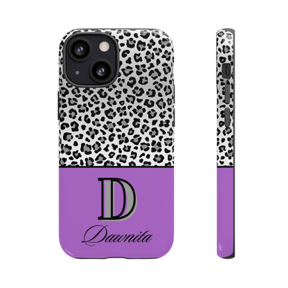 Gray Leopard Print and Purple Personalized Name Phone Case - for iPhone, Samsung, and Google Phones