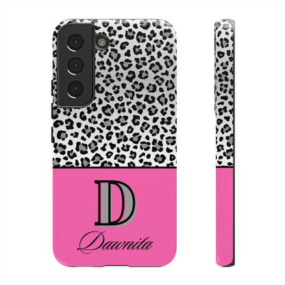 Gray Leopard Print and Pink Personalized Name Phone Case - for iPhone, Samsung, and Google Phones