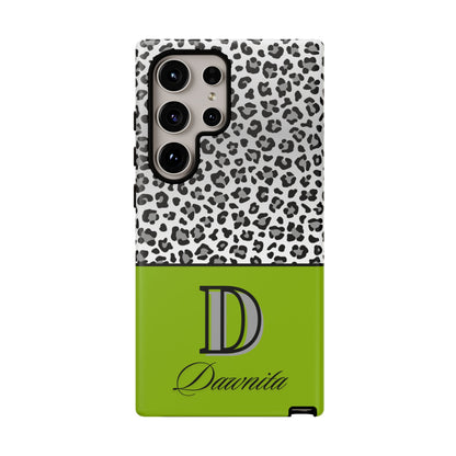 Gray Leopard Print and Green Personalized Name Phone Case - for iPhone, Samsung, and Google Phones