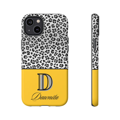 Gray Leopard Print and Yellow Personalized Name Phone Case - for iPhone, Samsung, and Google Phones