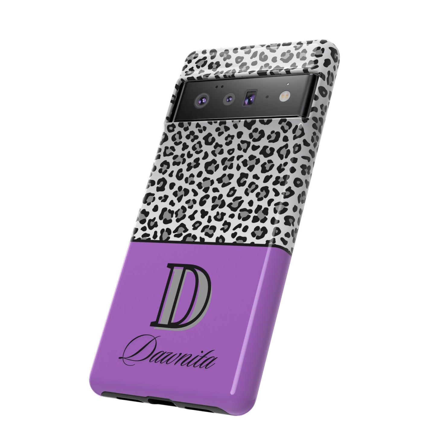 Gray Leopard Print and Purple Personalized Name Phone Case - for iPhone, Samsung, and Google Phones