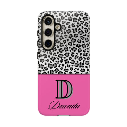 Gray Leopard Print and Pink Personalized Name Phone Case - for iPhone, Samsung, and Google Phones