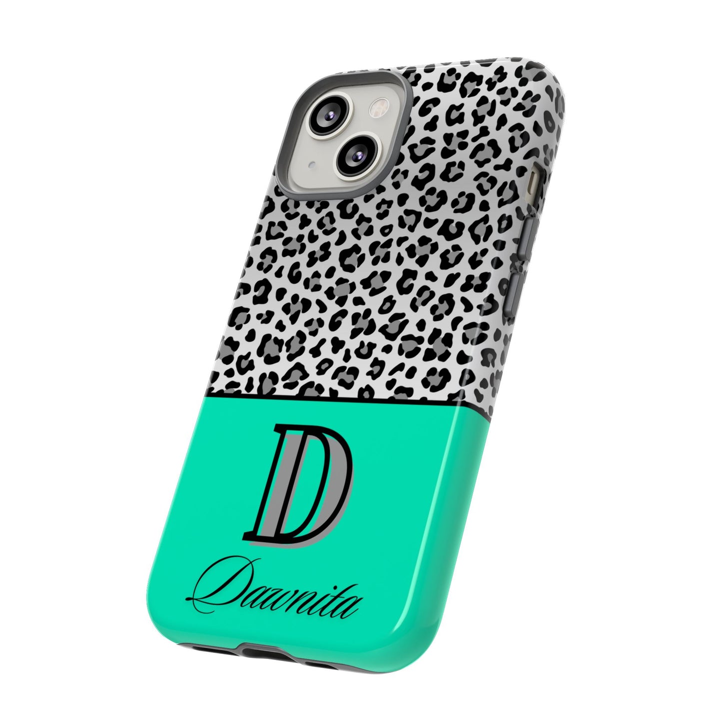 Gray Leopard Print and Teal Personalized Name Phone Case - for iPhone, Samsung, and Google Phones