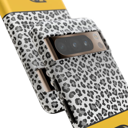 Gray Leopard Print and Yellow Personalized Name Phone Case - for iPhone, Samsung, and Google Phones