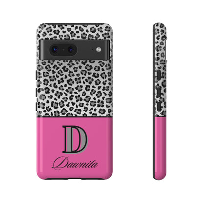 Gray Leopard Print and Pink Personalized Name Phone Case - for iPhone, Samsung, and Google Phones