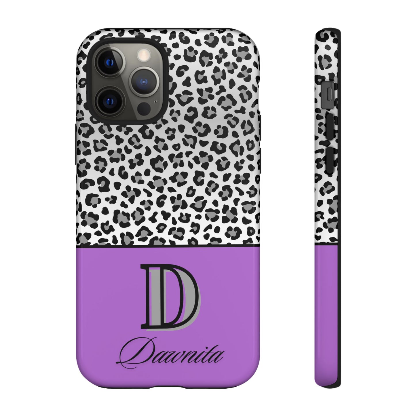 Gray Leopard Print and Purple Personalized Name Phone Case - for iPhone, Samsung, and Google Phones